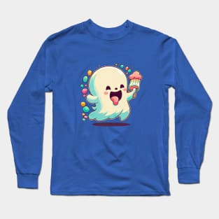 A happy kawaii cute little ghost loves ice-crea Long Sleeve T-Shirt